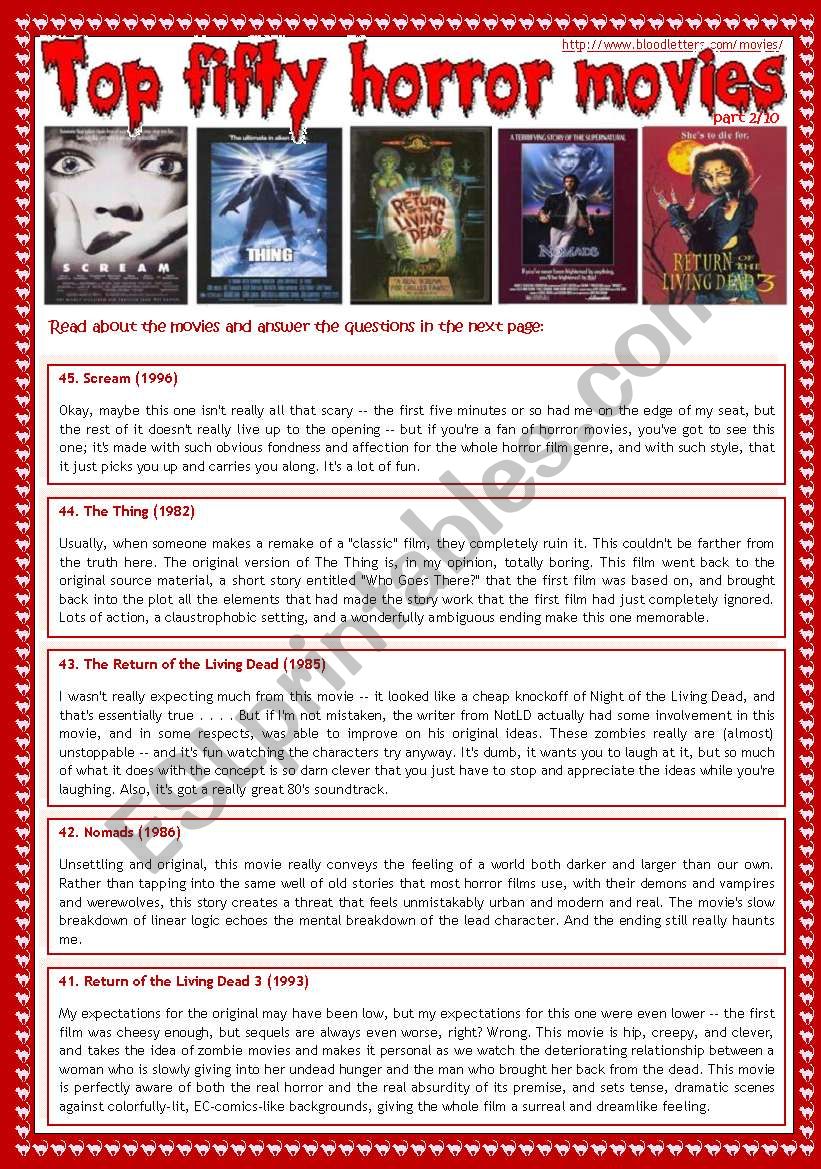 Top fifty horror movies (part 2/10) - reading comprehension, vocabulary and comparatives [3 pages] ***fully editable